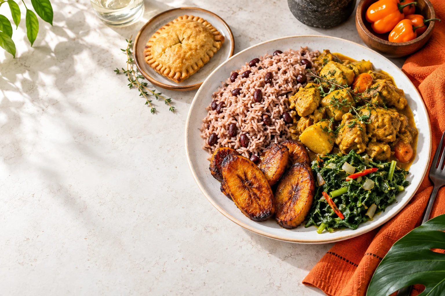 Illustrative Caribbean food still life with roti, curry, plantain and bright tableware; not the restaurant exact dishes, staff or current menu photography.